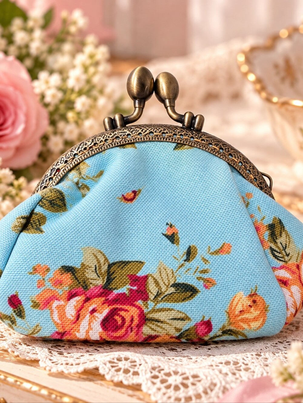 Vintage-Inspired Blue Floral Rose Coin Purse | Antique Bronze Kiss Lock